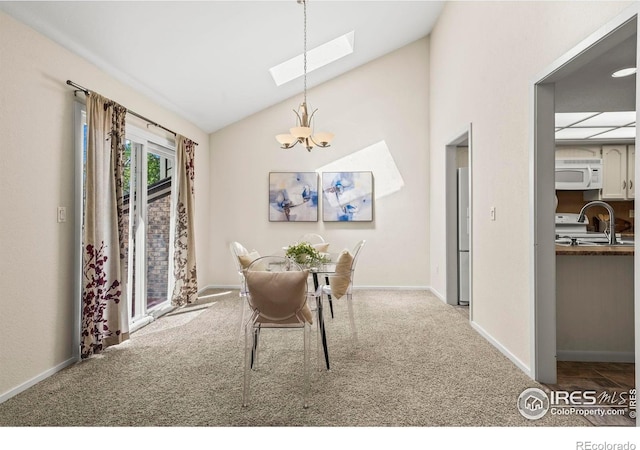 4950 Sundance Sq, Boulder, CO 80301 - carpeted dining space with a skylight, a chandelier, lofted ceiling, and baseboards