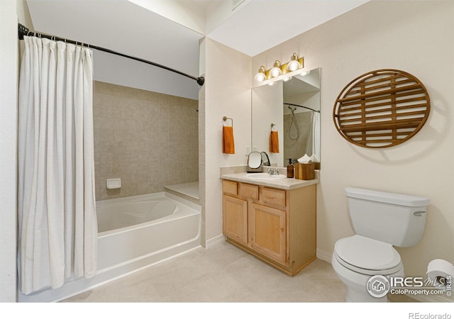 full bath with vanity, toilet, shower / tub combo, and tile patterned flooring