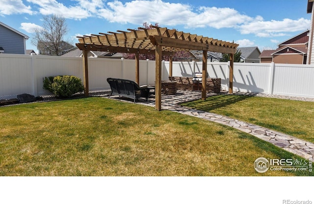 view of yard with a pergola, a fenced backyard, and a patio area