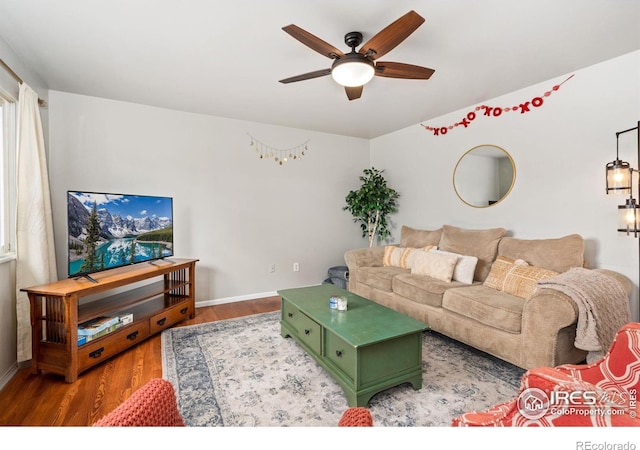 1208 Briarwood Rd, Fort Collins, CO 80521 - living room featuring ceiling fan, wood finished floors, and baseboards