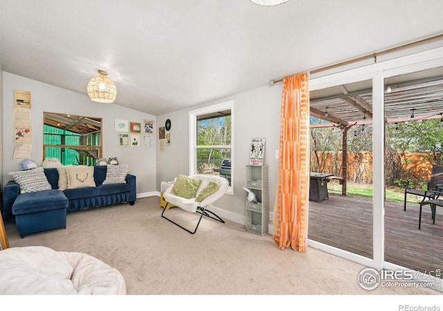 1208 Briarwood Rd, Fort Collins, CO 80521 - living area with carpet floors, baseboards, and vaulted ceiling
