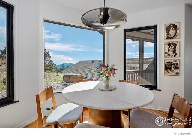 319 S Peak Rd, Boulder, CO 80302 - dining area featuring baseboards, baseboard heating, a mountain view, and wood finished floors
