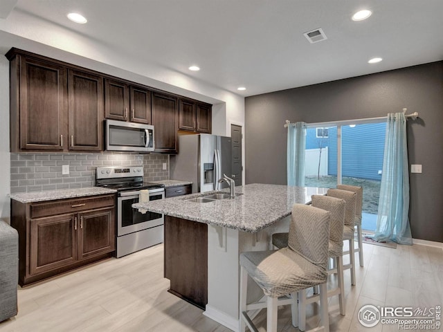 kitchen with dark brown cabinetry, appliances with stainless steel finishes, a sink, an island with sink, and decorative backsplash