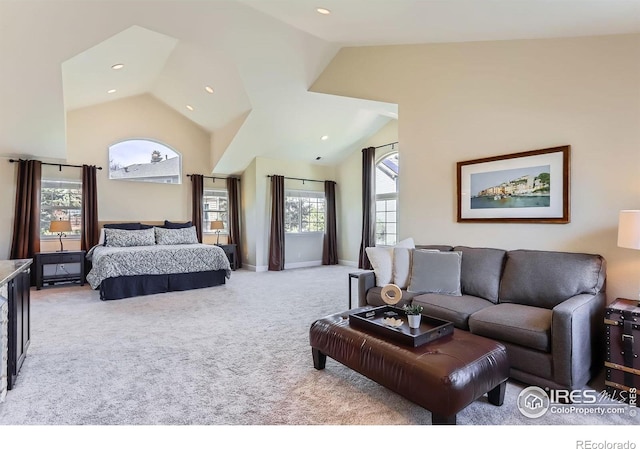 carpeted bedroom with recessed lighting, baseboards, and high vaulted ceiling