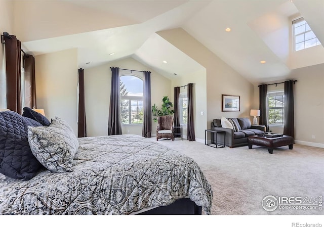 carpeted bedroom featuring recessed lighting, baseboards, and lofted ceiling