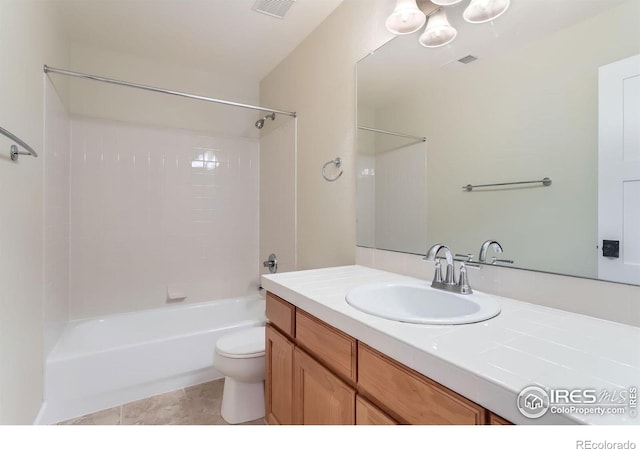 bathroom featuring vanity, toilet, washtub / shower combination, tile patterned floors, and a notable chandelier