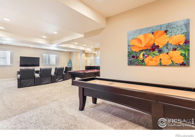 recreation room featuring carpet floors, recessed lighting, pool table, and baseboards