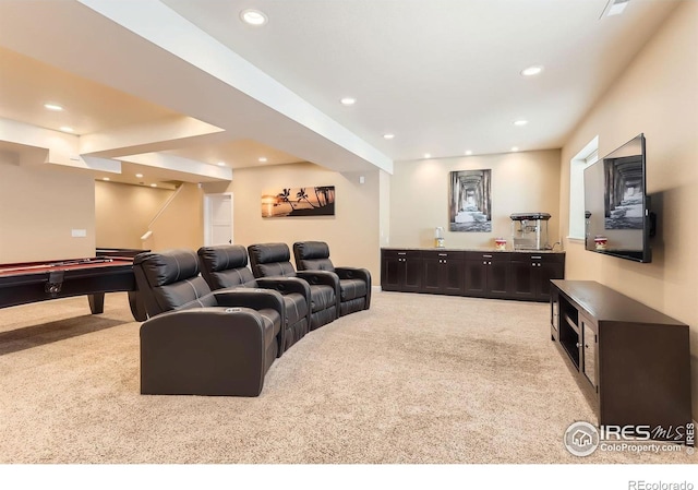 carpeted living area featuring recessed lighting and pool table