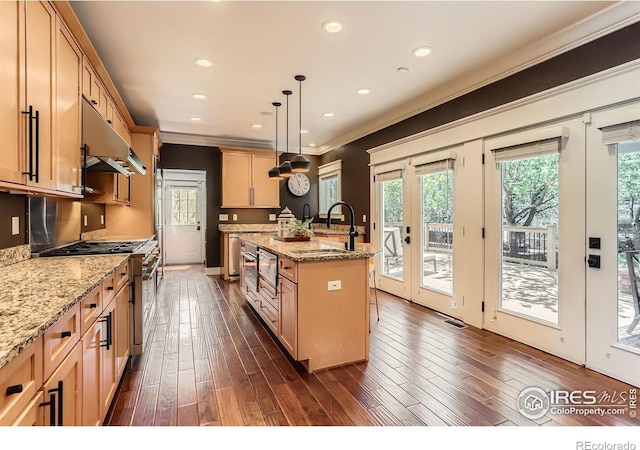 kitchen featuring a healthy amount of sunlight, a sink, stainless steel range with gas cooktop, ornamental molding, and under cabinet range hood