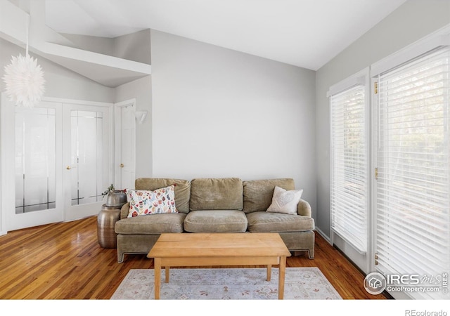 living room with lofted ceiling and wood finished floors