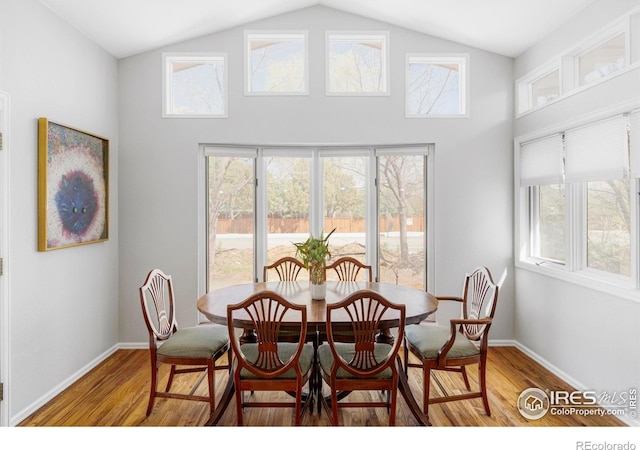 dining space featuring wood finished floors, plenty of natural light, baseboards, and high vaulted ceiling