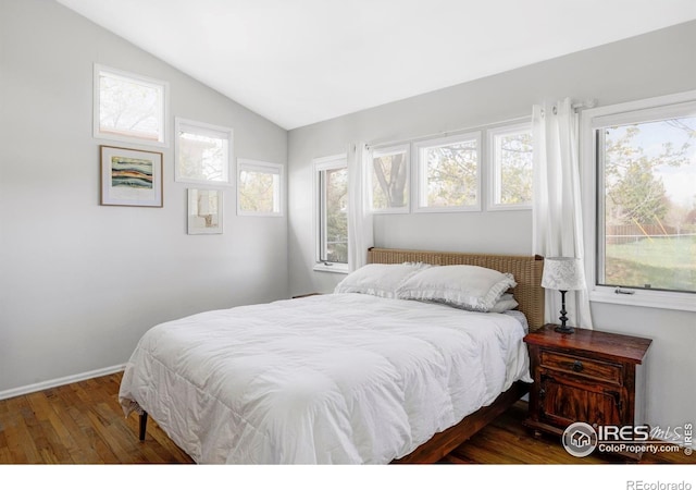 bedroom with wood finished floors, lofted ceiling, and baseboards