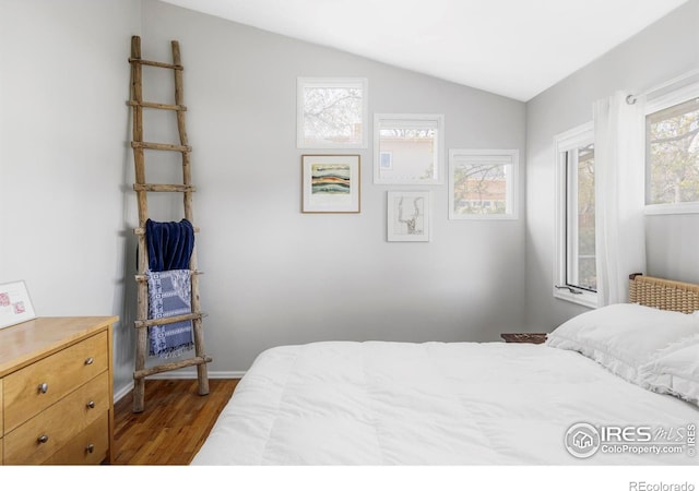 bedroom featuring dark wood-style floors, multiple windows, lofted ceiling, and baseboards