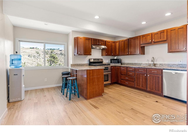 319 Camino Bosque, Boulder, CO 80302 - kitchen featuring stainless steel appliances, under cabinet range hood, light wood finished floors, a sink, and baseboards