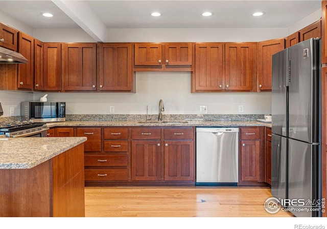 319 Camino Bosque, Boulder, CO 80302 - kitchen featuring appliances with stainless steel finishes, a sink, light wood finished floors, under cabinet range hood, and recessed lighting