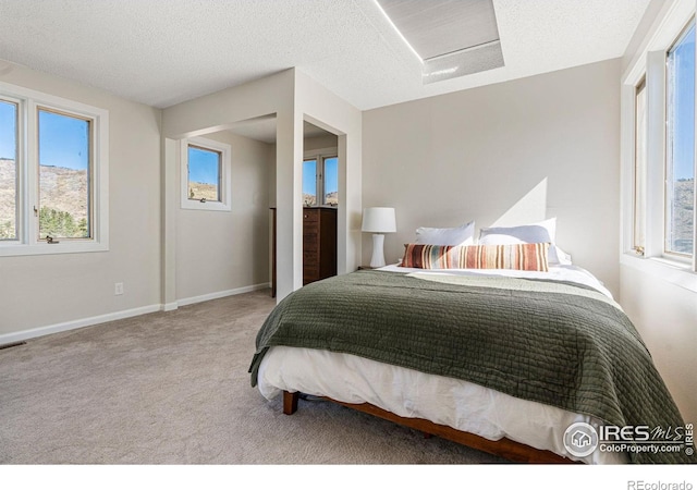 319 Camino Bosque, Boulder, CO 80302 - bedroom with carpet flooring, attic access, baseboards, and a textured ceiling