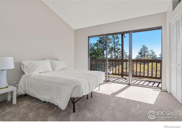 319 Camino Bosque, Boulder, CO 80302 - bedroom featuring carpet flooring, access to exterior, and lofted ceiling