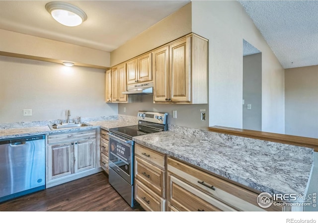 kitchen featuring dark wood-style flooring, a sink, light brown cabinets, stainless steel appliances, and under cabinet range hood