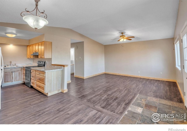kitchen with ceiling fan, dark wood-style flooring, light brown cabinetry, stainless steel range with electric cooktop, and a sink
