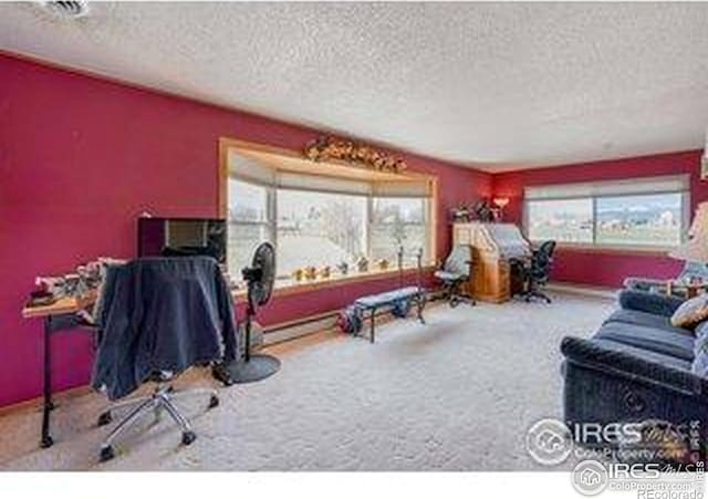 playroom with a textured ceiling, carpet floors, and baseboard heating