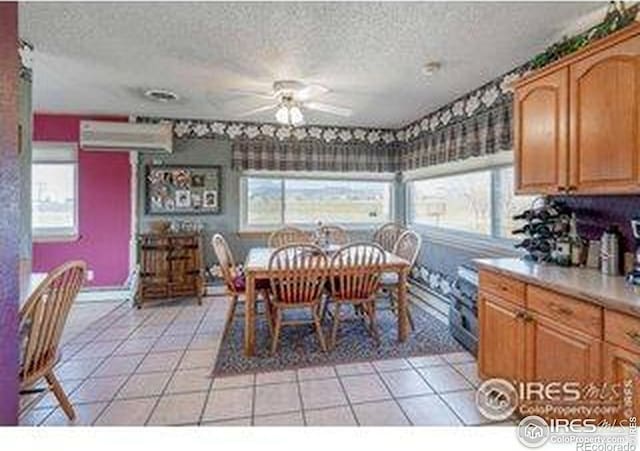 dining room with ceiling fan, a textured ceiling, and a healthy amount of sunlight
