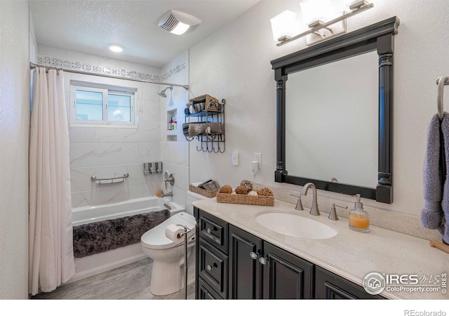 bathroom with vanity, toilet, shower / bathtub combination with curtain, and visible vents