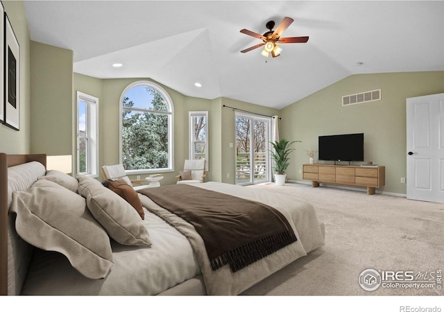 2275 Schooner St, Lafayette, CO 80026 - bedroom with a ceiling fan, visible vents, carpet floors, baseboards, and lofted ceiling