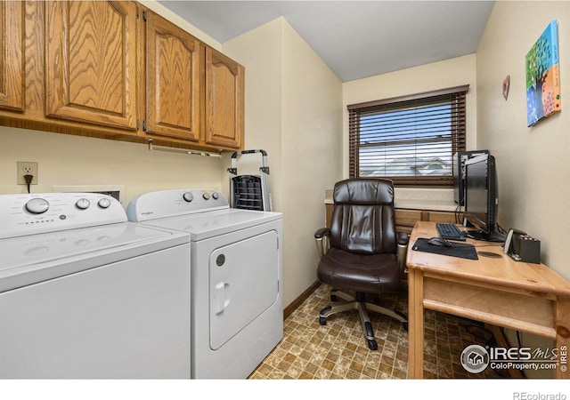 1183 38th Ave, Greeley, CO 80634 - laundry area with cabinet space, washing machine and dryer, and an office area