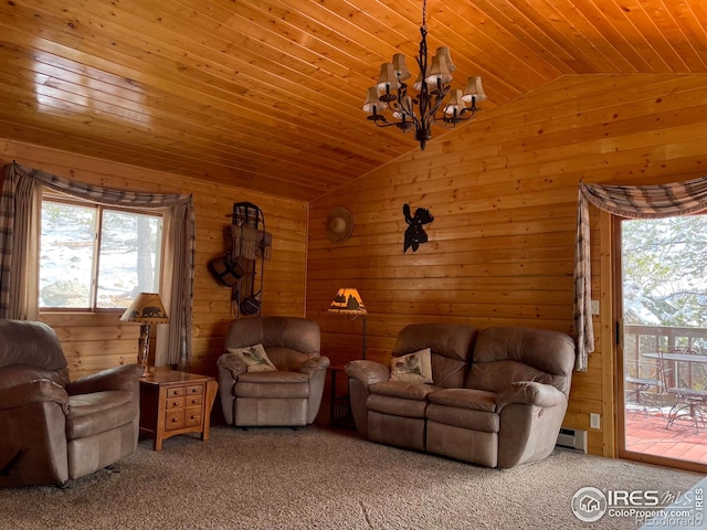 134 Swift Deer Rd, Red Feather Lakes, CO 80545 - carpeted living area with lofted ceiling, wood ceiling, plenty of natural light, a chandelier, and wooden walls