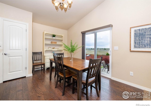 6659 12th St, Frederick, CO 80530 - dining area featuring dark wood-style flooring, baseboards, a notable chandelier, and lofted ceiling