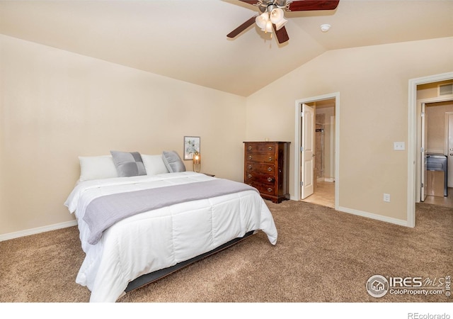 6659 12th St, Frederick, CO 80530 - carpeted bedroom featuring baseboards, ensuite bathroom, lofted ceiling, and visible vents