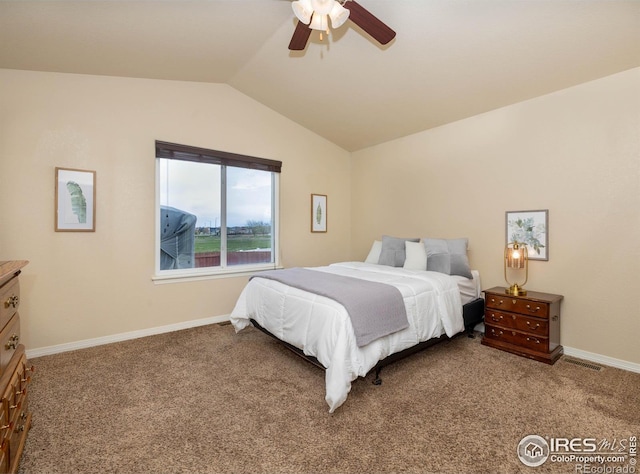6659 12th St, Frederick, CO 80530 - carpeted bedroom with baseboards, ceiling fan, vaulted ceiling, and visible vents