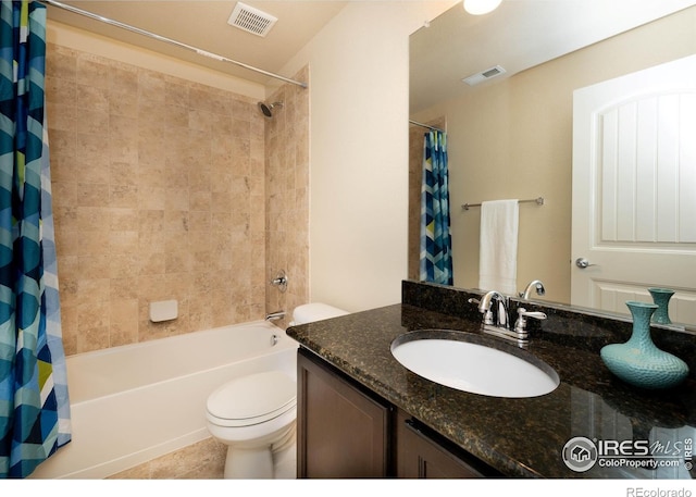 6659 12th St, Frederick, CO 80530 - full bathroom with visible vents, shower / bathtub combination with curtain, toilet, and vanity