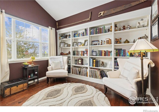 living area featuring wood finished floors and vaulted ceiling