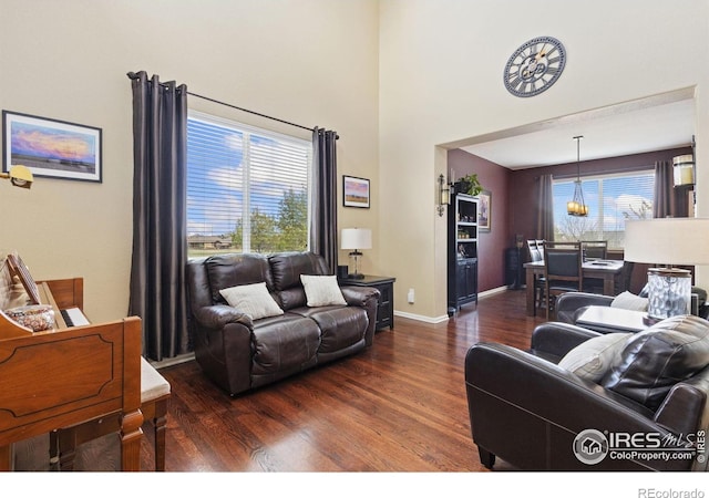 living area featuring baseboards, wood finished floors, and a high ceiling