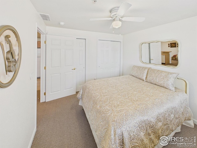 5425 County Road 32 Unit 15, Mead, CO 80504 - bedroom featuring carpet flooring, two closets, baseboards, and a ceiling fan