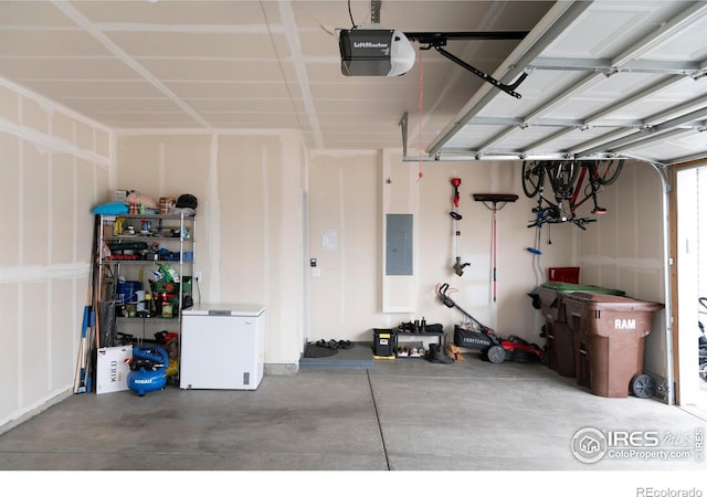 4424 Haymill Ct, Timnath, CO 80547 - garage featuring electric panel, refrigerator, and a garage door opener