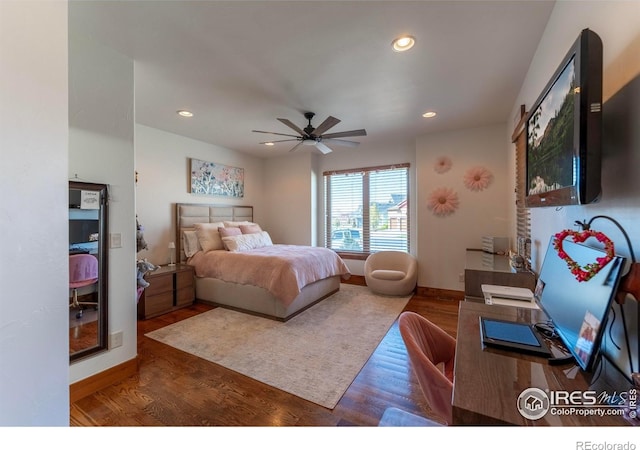 5751 Last Pointe Dr, Windsor, CO 80550 - bedroom featuring wood finished floors, recessed lighting, baseboards, and ceiling fan