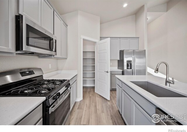 196 Bird Way, Lochbuie, CO 80603 - kitchen with stainless steel appliances, a sink, light wood-style floors, lofted ceiling, and light stone counters