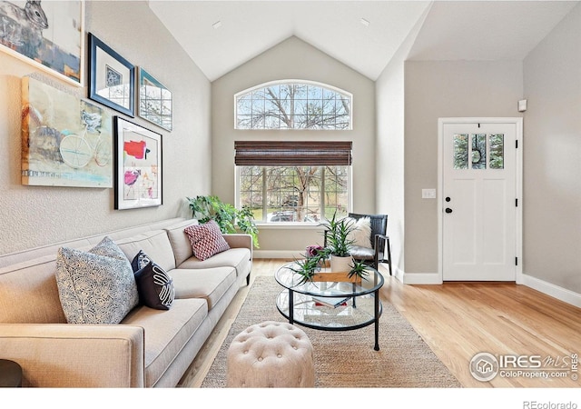 living room with baseboards, vaulted ceiling, and wood finished floors