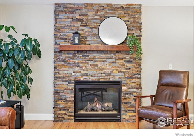 room details with baseboards, a stone fireplace, and wood finished floors