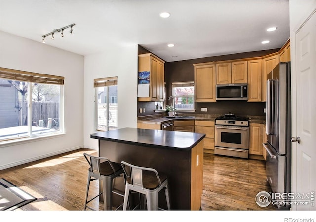 kitchen featuring dark wood-style flooring, stainless steel appliances, dark countertops, and a sink