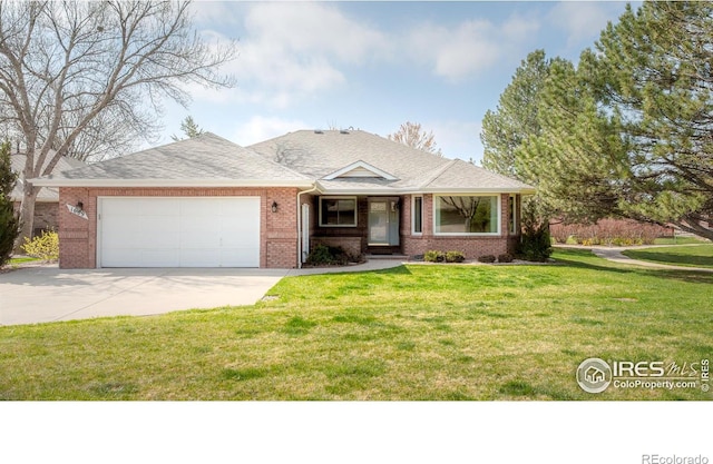 1609 Sherman Way, Longmont, CO 80501 - ranch-style home with concrete driveway, brick siding, an attached garage, and a front lawn