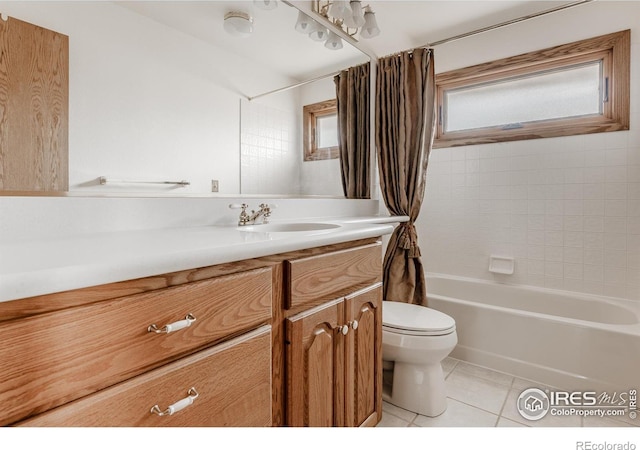 1609 Sherman Way, Longmont, CO 80501 - bathroom with vanity, shower / bathtub combination with curtain, tile patterned floors, and toilet