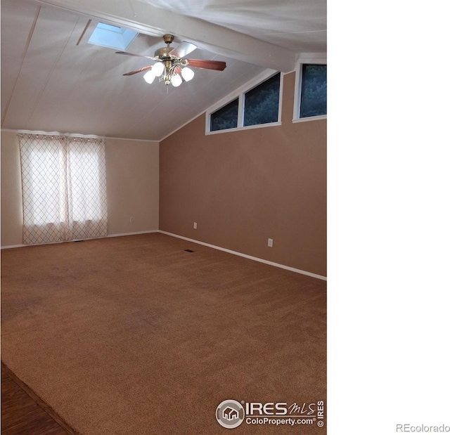 4202 Coronado St, Greeley, CO 80634 - bonus room with baseboards, vaulted ceiling with beams, carpet flooring, and ceiling fan