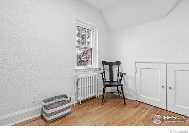 1025 5th St, Boulder, CO 80302 - sitting room with baseboards, lofted ceiling, light wood-style floors, radiator, and a textured wall