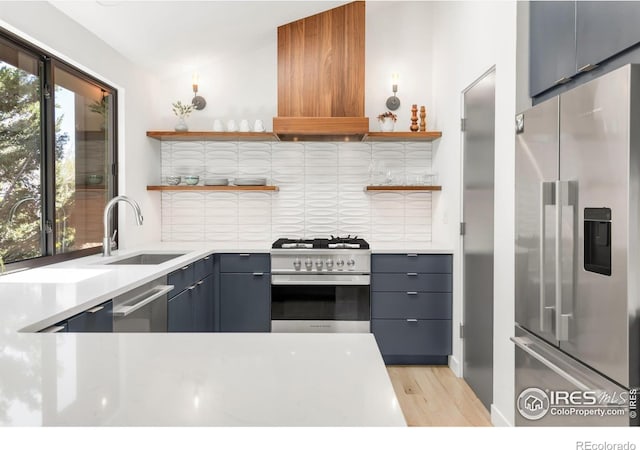 3809 Howe Ct, Boulder, CO 80301 - kitchen with open shelves, decorative backsplash, premium range hood, a sink, and stainless steel appliances
