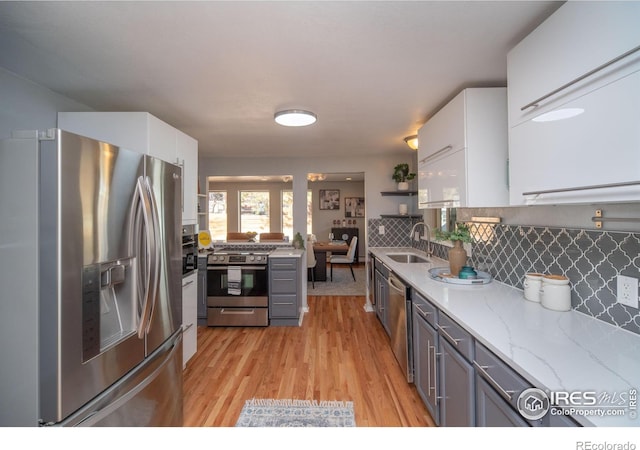 2605 Crabapple Ct, Golden, CO 80401 - kitchen featuring a sink, appliances with stainless steel finishes, white cabinets, and light stone countertops