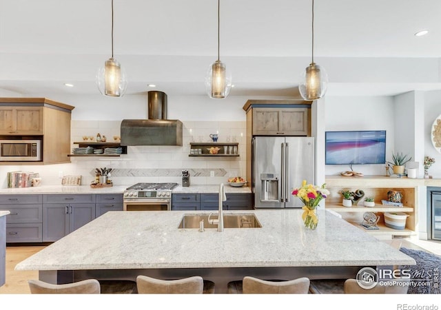 2890 Curtis St, Denver, CO 80205 - kitchen featuring high quality appliances, island range hood, a sink, open shelves, and a kitchen breakfast bar