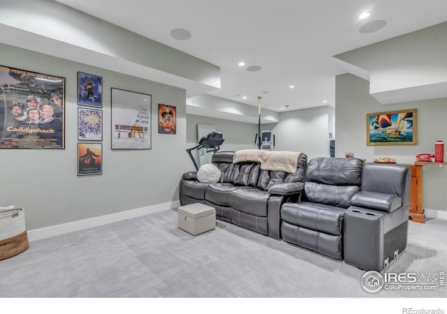 2890 Curtis St, Denver, CO 80205 - home theater room featuring light carpet, recessed lighting, and baseboards